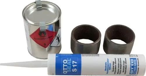 Dichtungsset mit einer Dose Flüssigkeit, einem Silikonbeutel und zwei Dichtungsringen. Geeignet für Anwendungen im Heizungsbau von Wolf.